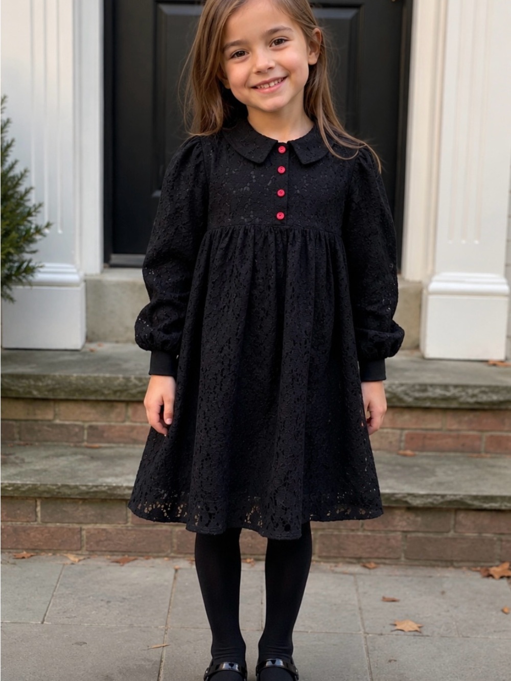 Girls' Black Lace Long-Sleeve Dress with Pink Button Accents